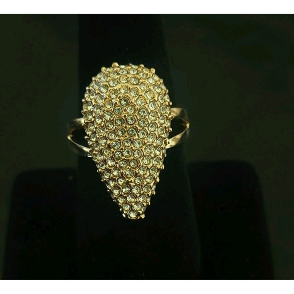 Gold Tone Pave Rhinestone Teardrop Statement Cocktail Ring Size 8